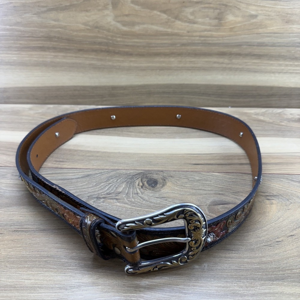 Western Tooled Leather Womens Belt XL Floral Embossed Rhinestones Cowgirl Boho - Picture 2 of 7
